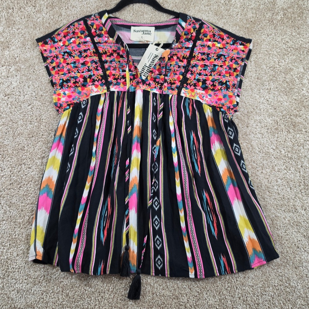 Savanna Jane Top Embroidered Ikat Stripe Tassel Boho‎ Blouse Small